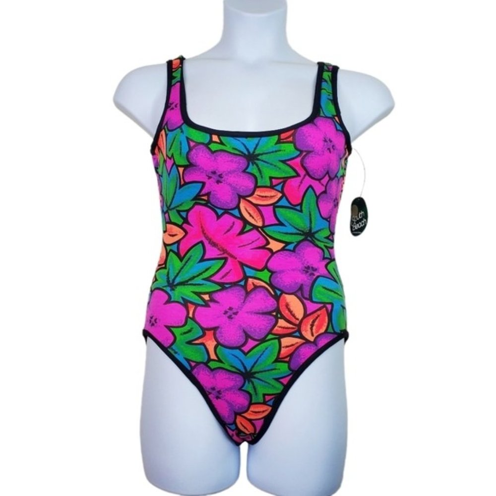 South Beach Bright Multicolor Floral Print One Piece Bikini Swimsuit Size M NWT